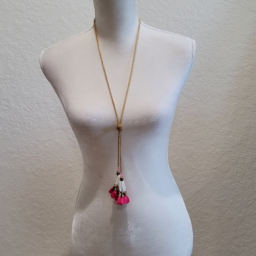 Tanya Creations Pink Gold Tone Tassel Long Statement Necklace